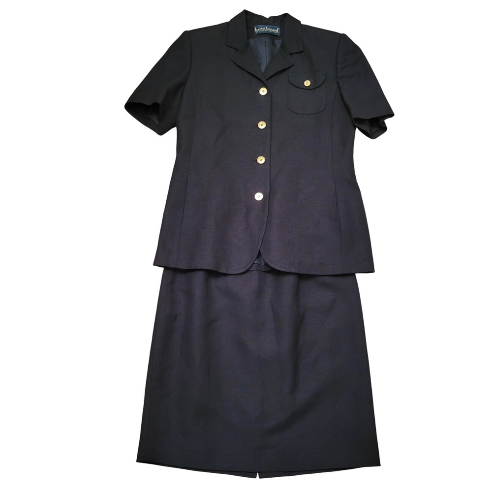 Harve Benard Skirt Suit Black Short Sleeve Button Front 2 Piece Linen Academia M